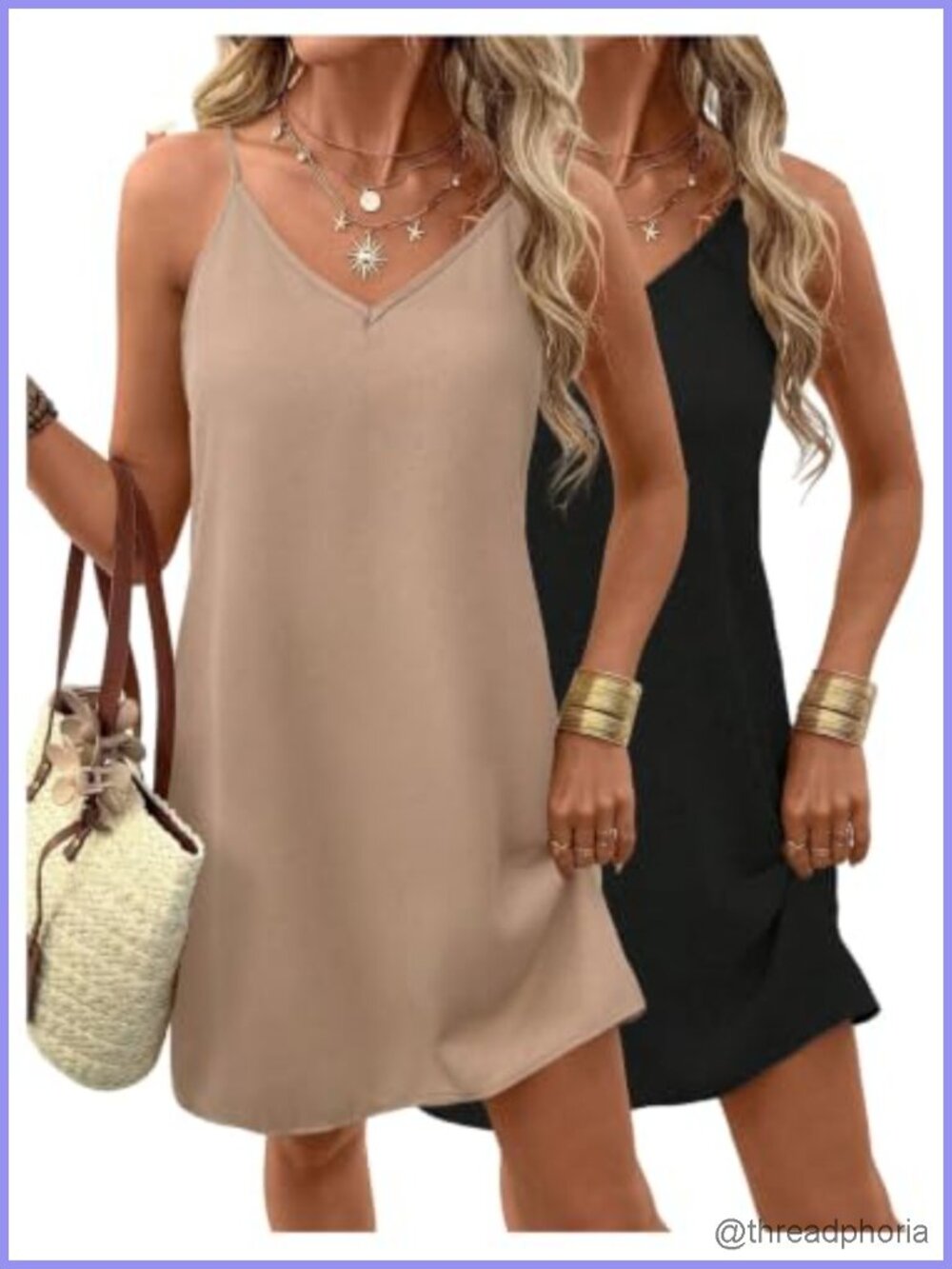 Women's 2 Pack Spaghetti Strap V Neck Sleeveless Mini Dresses
